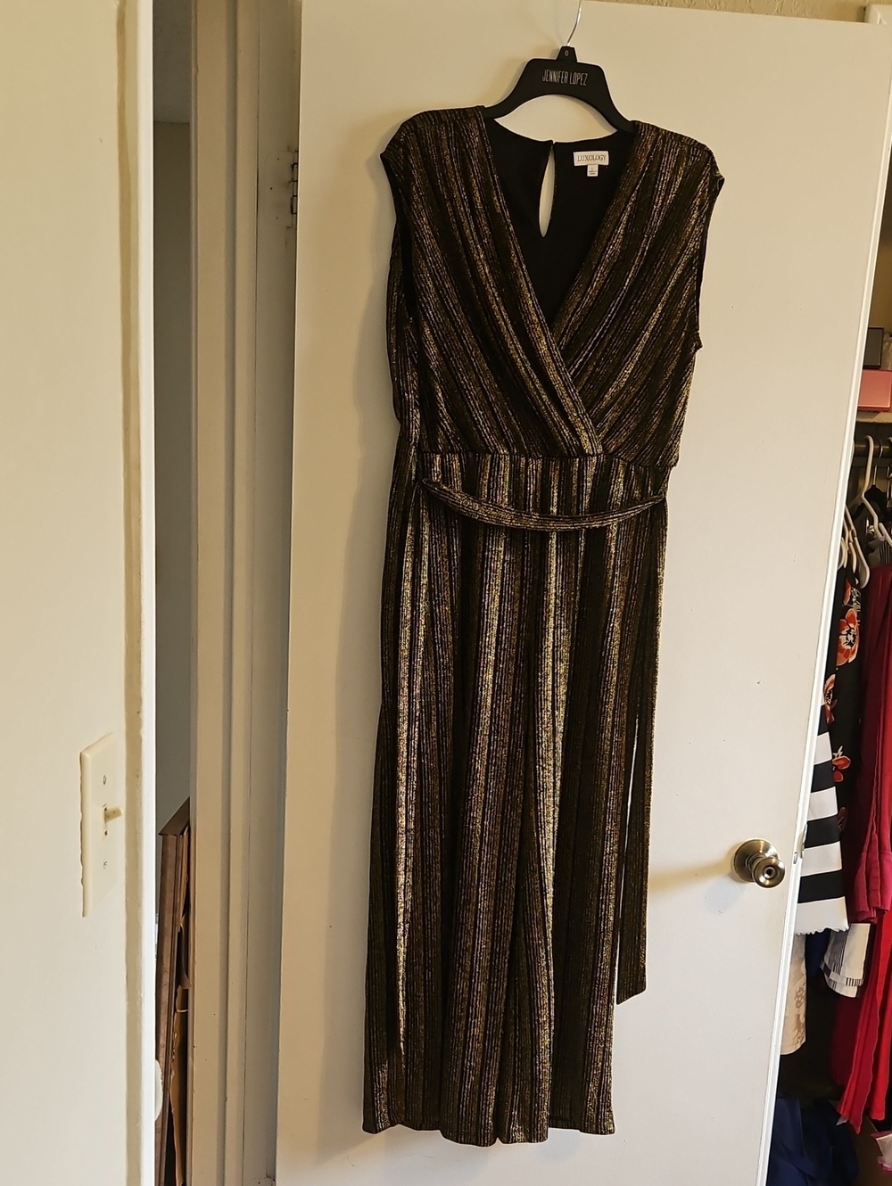 Luxology Black Maxi Dress with Metallic Gold Stripes